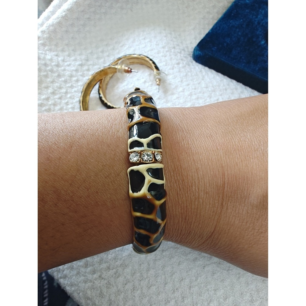 Jewelry Set Brown Giraffe‎ Print Enamel Elastic Bracelet Hoop Earring